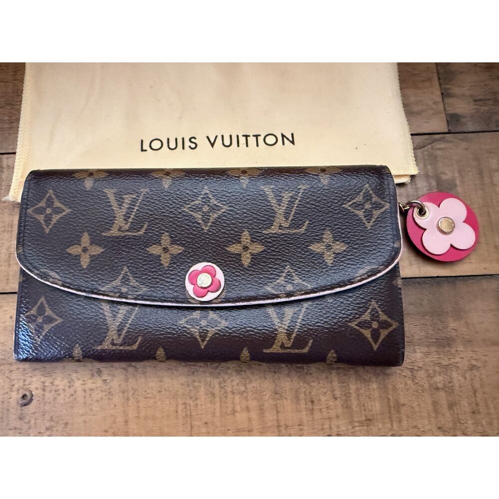 Louis Vuitton Wallet Womens Brown Monogram Canvas Pink Flower Wristlet France - Picture 2 of 16